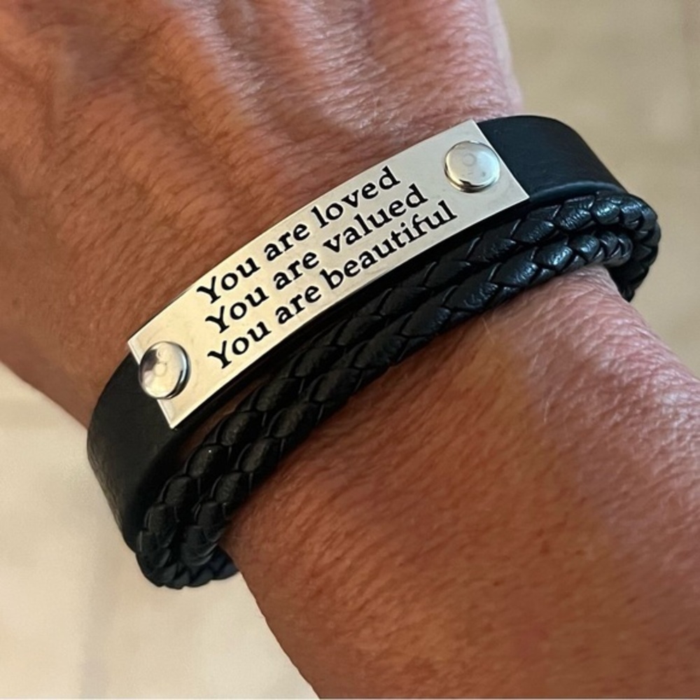 Victoria Leland Designs Black Leather Bracelet with Inspirational Message.